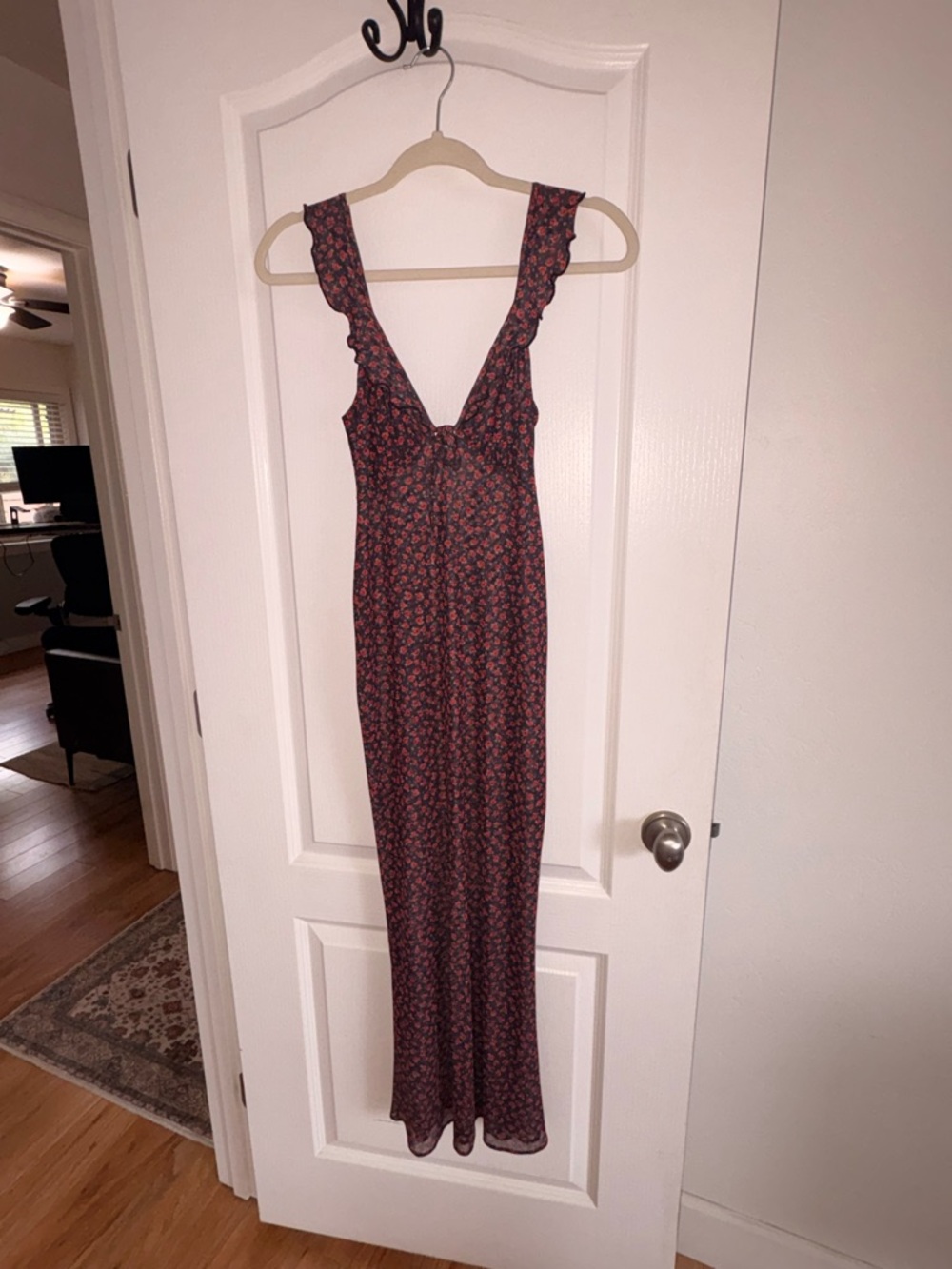 RESA Deep V Floral Maxi Dress in Dark Red and Black